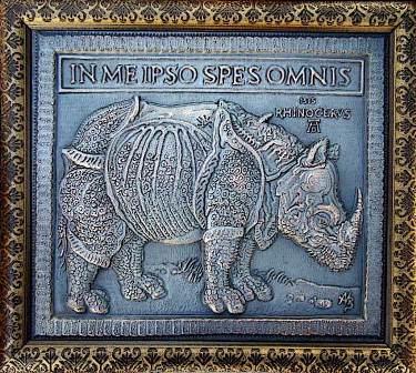 "Надеюсь только на себя"(In me ipso spes omnis), интерпретация гравюры А. Дюрера "Rhinocerus" 2010 год, металлопластика, чеканка, листова медь, 0,8 м, 26*22,5 см